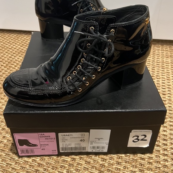 Chanel Patent Leather lace up black booties with a side zip with 2 inch heel - Picture 2 of 12